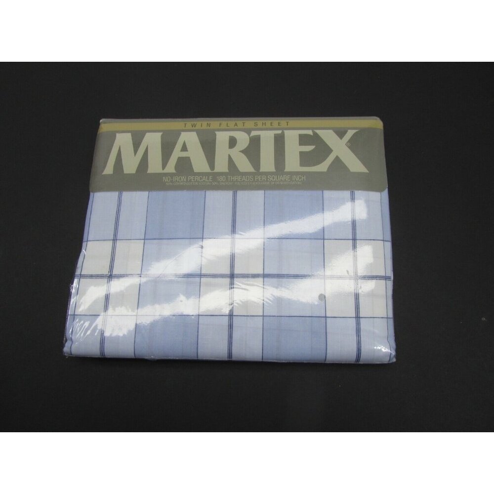 VTG Martex Twin Flat Sheet No Iron Percale 180 Blue‎ Plaid Harvard Square New